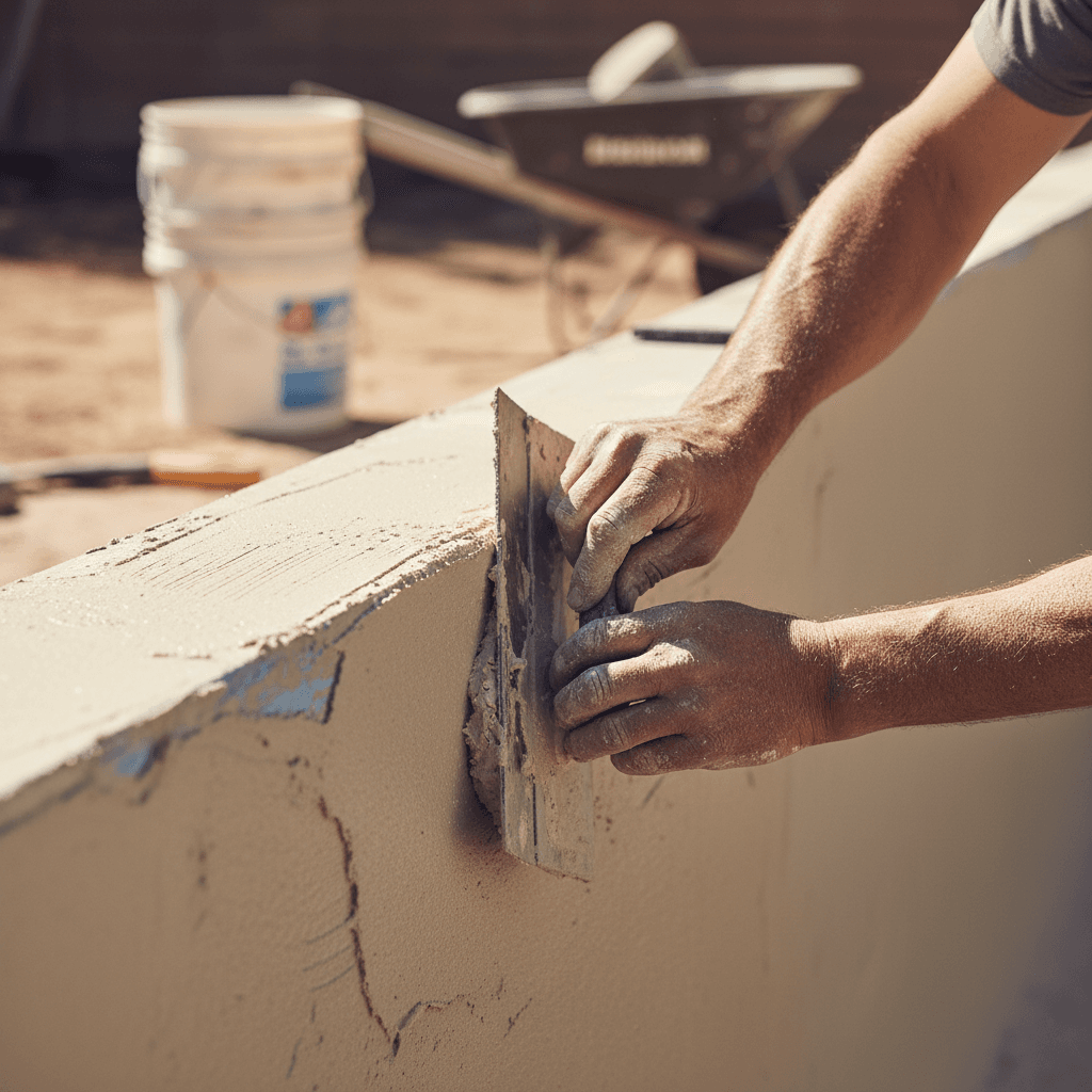 Mãos de profissional a aplicar revestimento numa piscina em construção