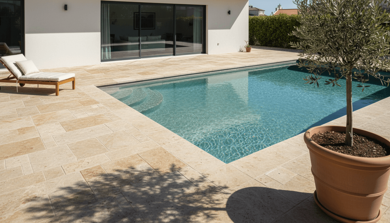 Piscina nova construída em Lisboa, com água cristalina e fundo de casa moderna