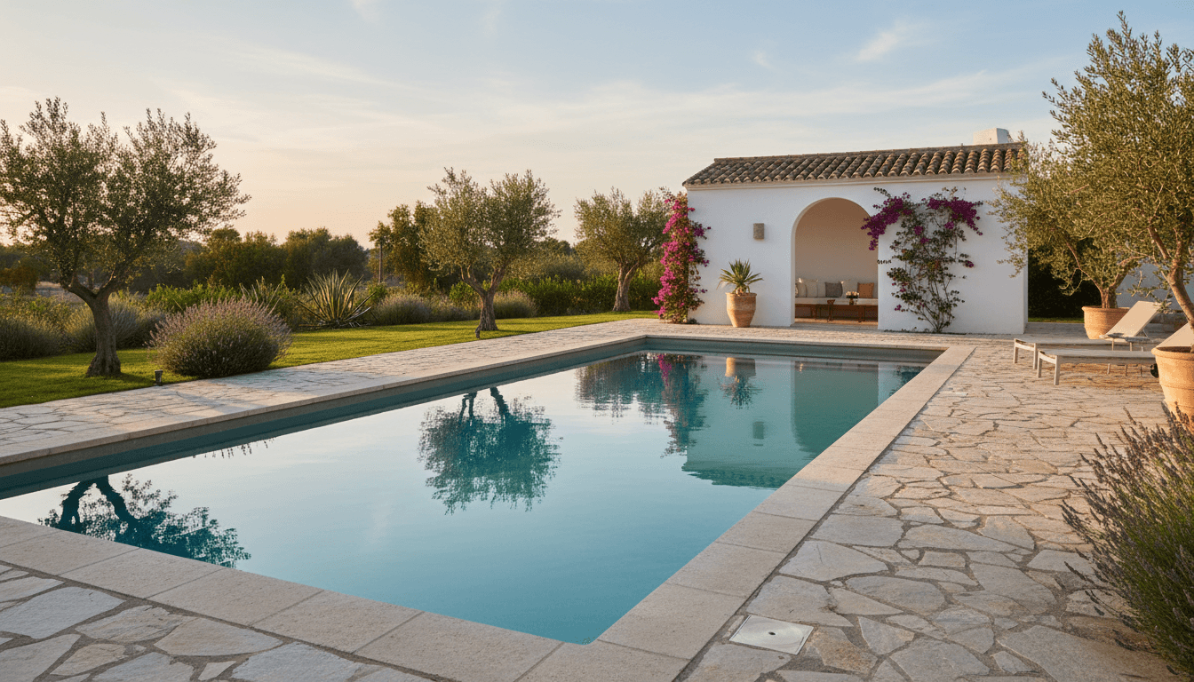 Piscina pequena com deck de pedra e jardim em Lisboa