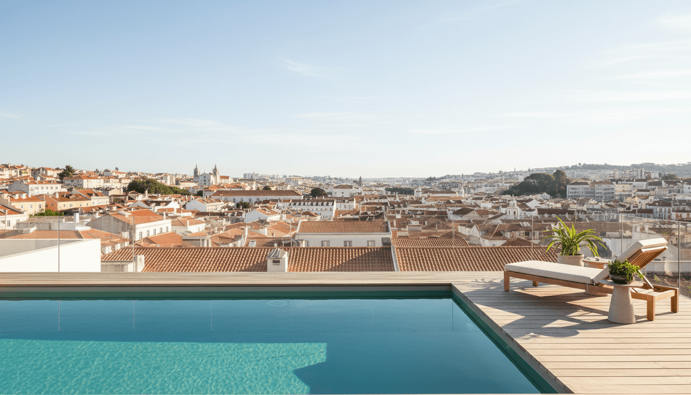 Piscina concluída com deck de madeira e espreguiçadeira