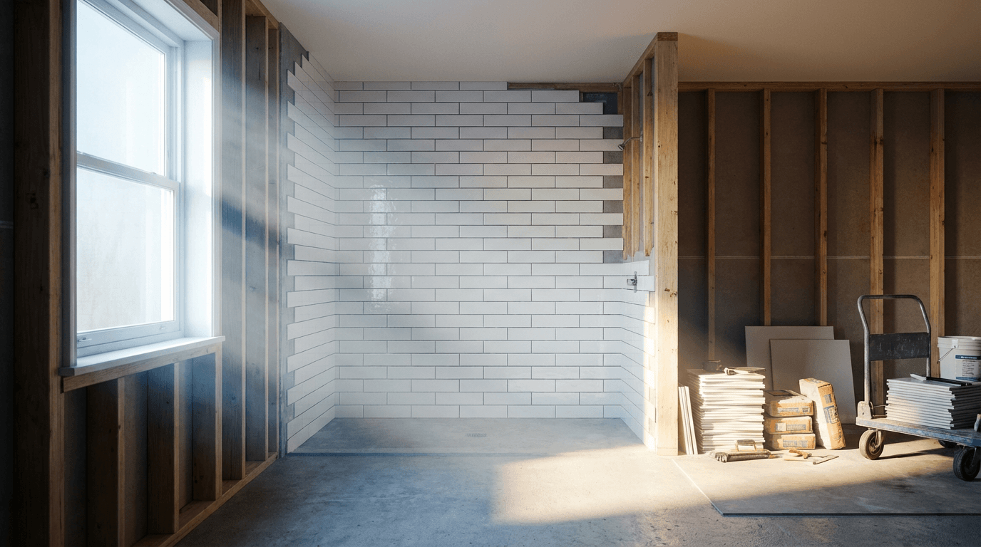 Piscina em construção com azulejos azuis e luz do sol refletindo na água