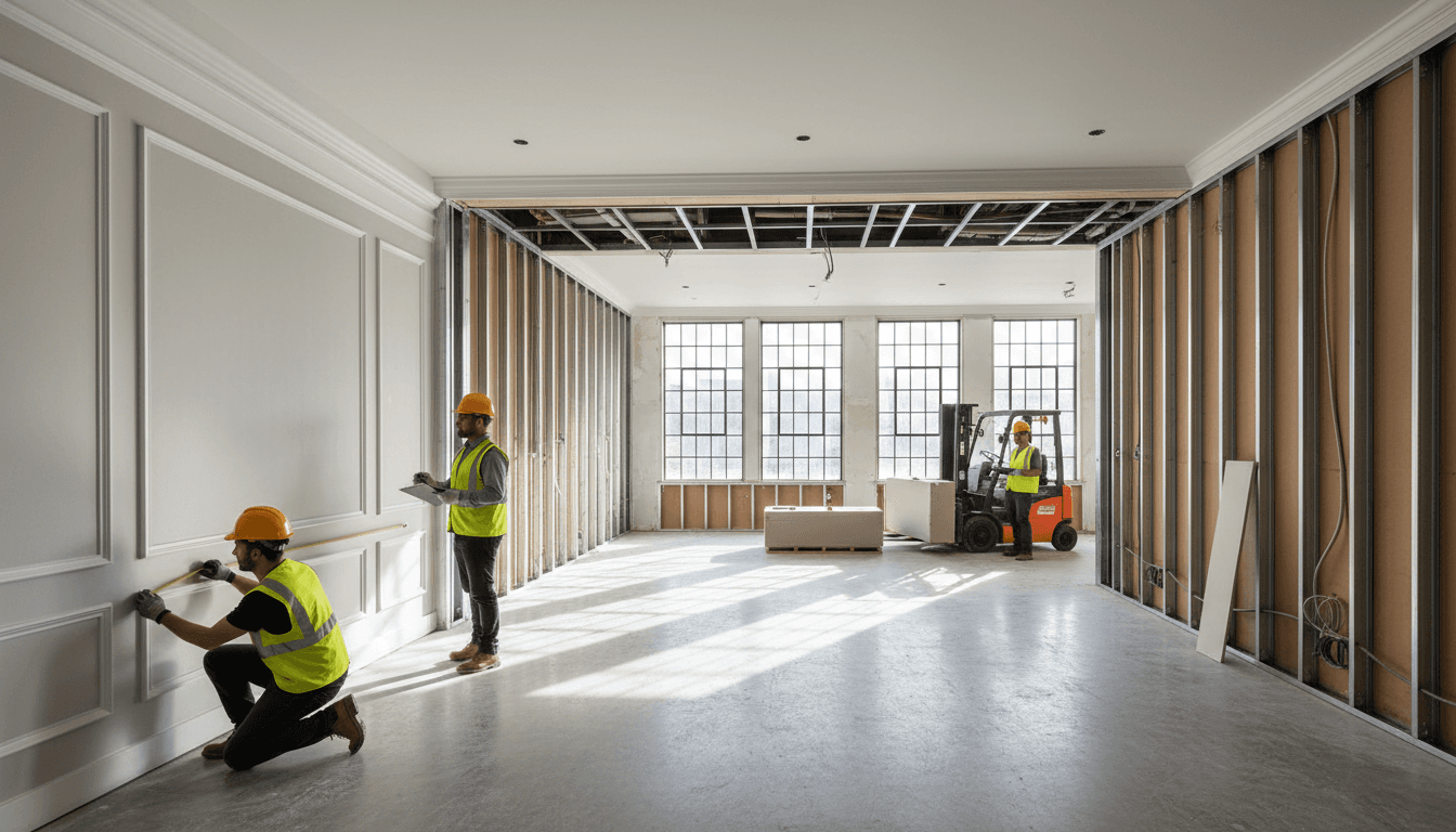 Construction team collaborating in spacious commercial interior with finished plasterwork, decorative moldings, and structural elements
