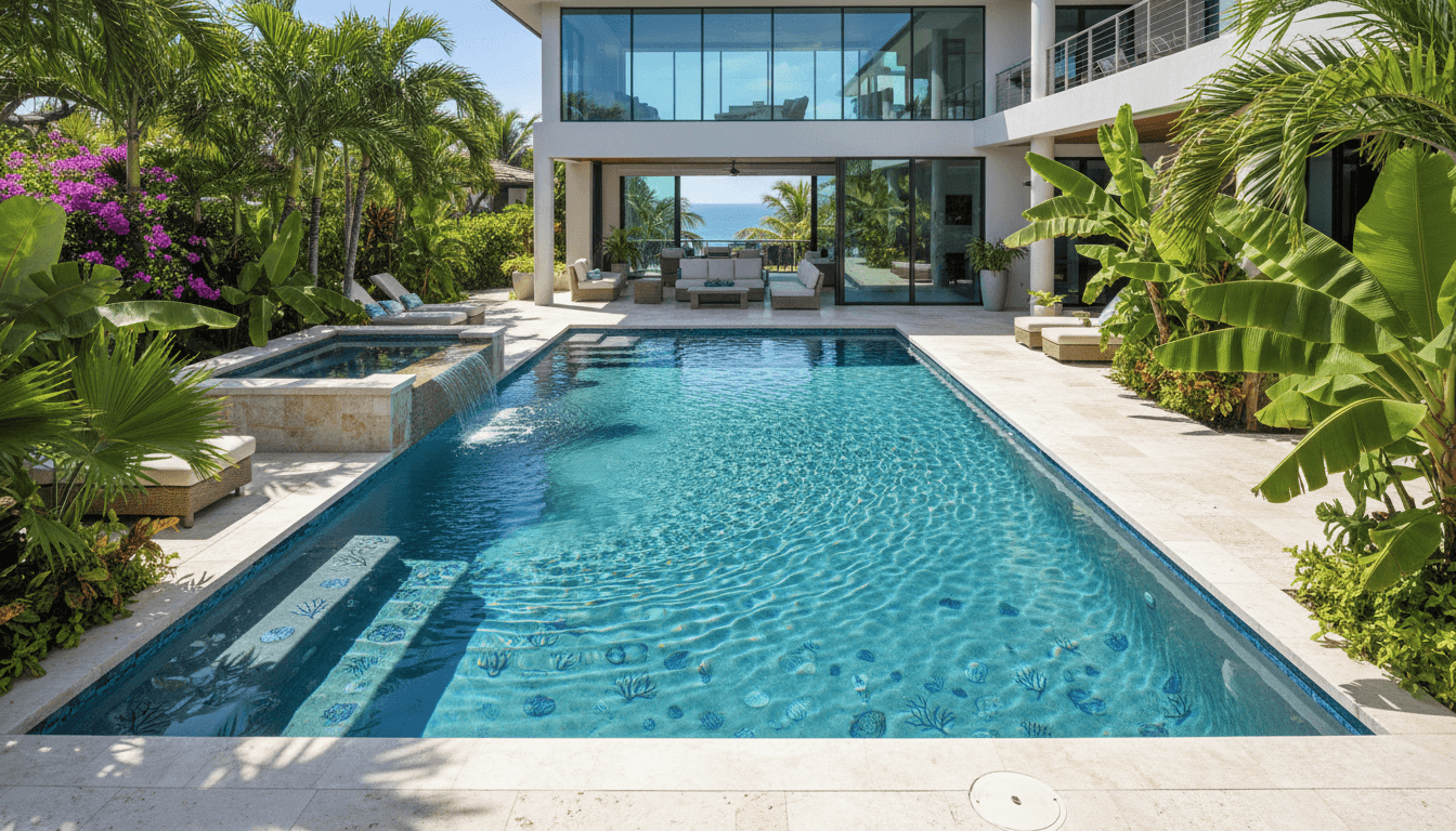 Completed luxury pool with turquoise water, waterfall feature, and tropical landscape in coastal residential setting