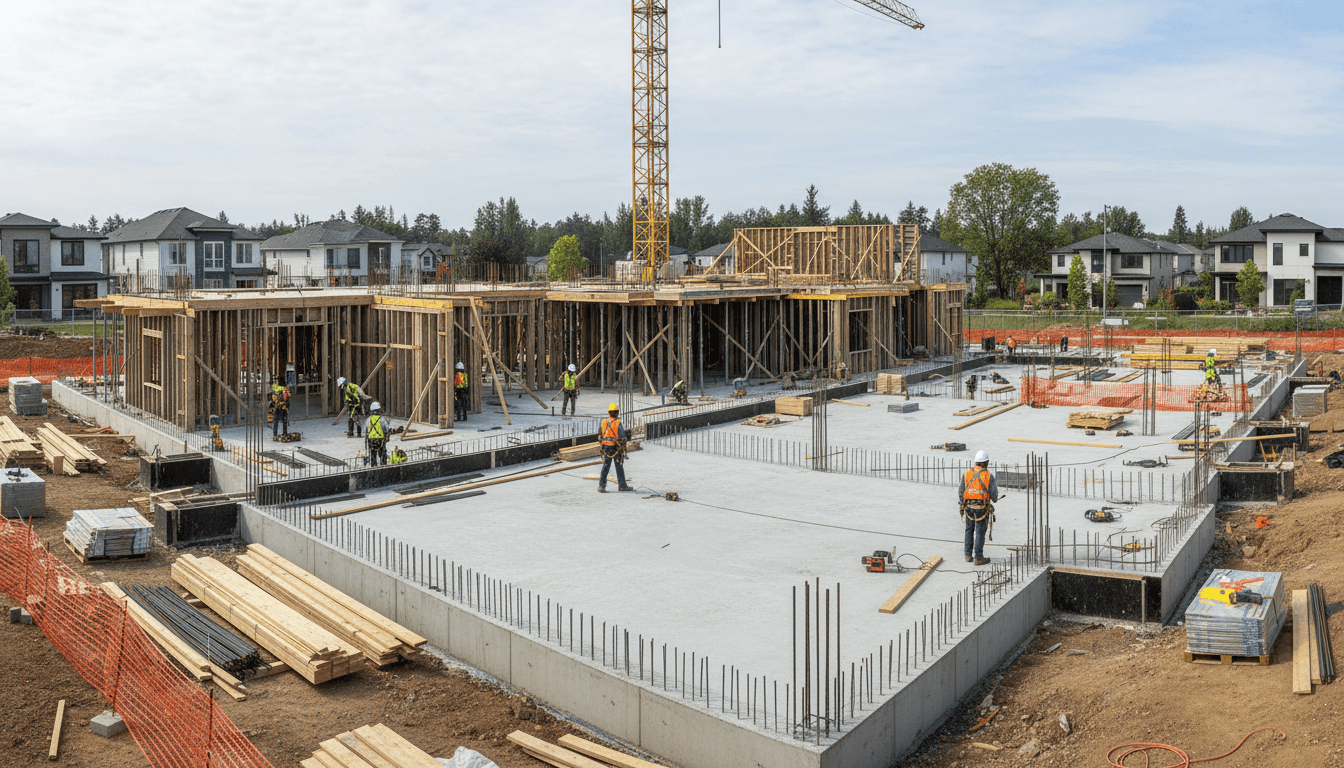 Estrutura de casa em construção, vigas de madeira e telhado em montagem, obra em andamento.