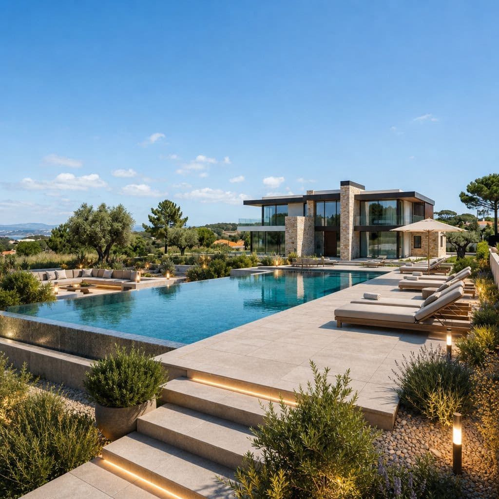 Moradia moderna de luxo com piscina infinita, espreguiçadeiras e jardim paisagístico sob céu azul.