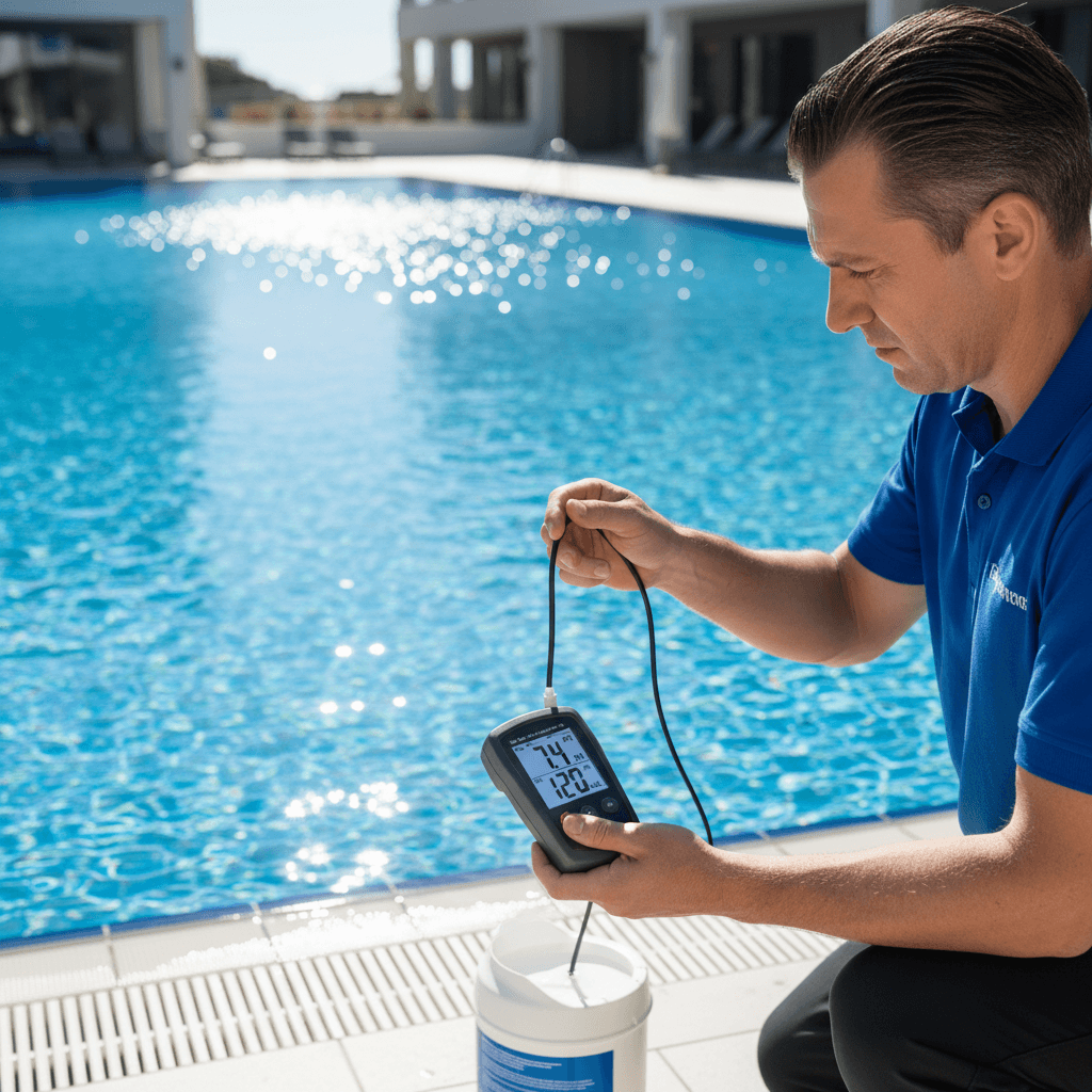 Homem testando a qualidade da água de uma piscina azul ensolarada com um medidor digital.